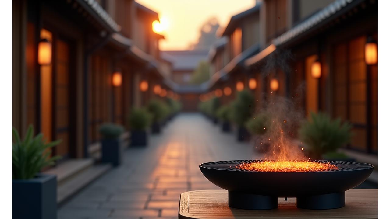 京都の伝統的な町並みを背景に、現代的なコンログリルが配置された美しい風景。夕暮れ時で暖色系の光が差している