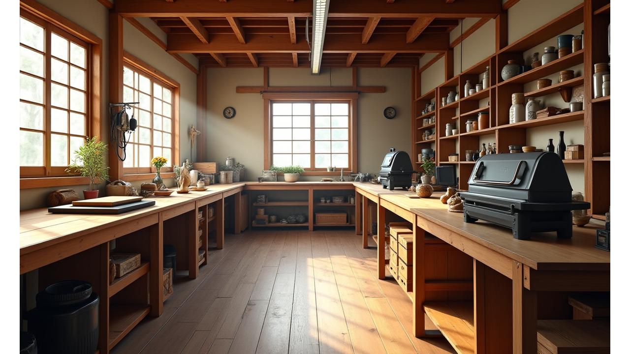京都の工房内部。伝統的な工具と最新の機械が並び、職人が作業している様子