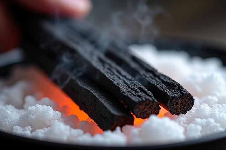 白い灰の中で冷却される焼成後の備長炭