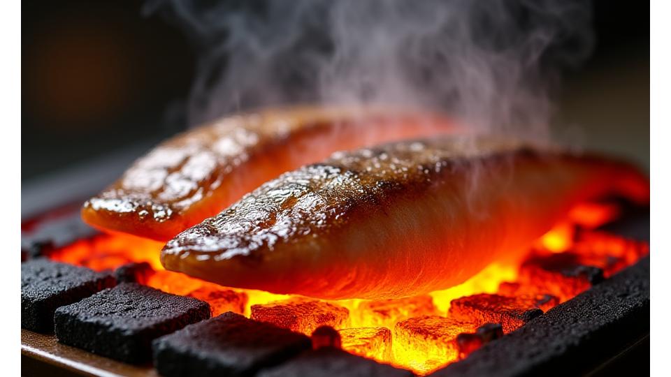 備長炭を用いて魚を焼いている様子