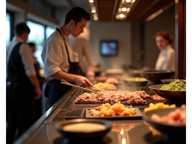 高級和食店のカウンターで炭火焼グリルが輝く様子