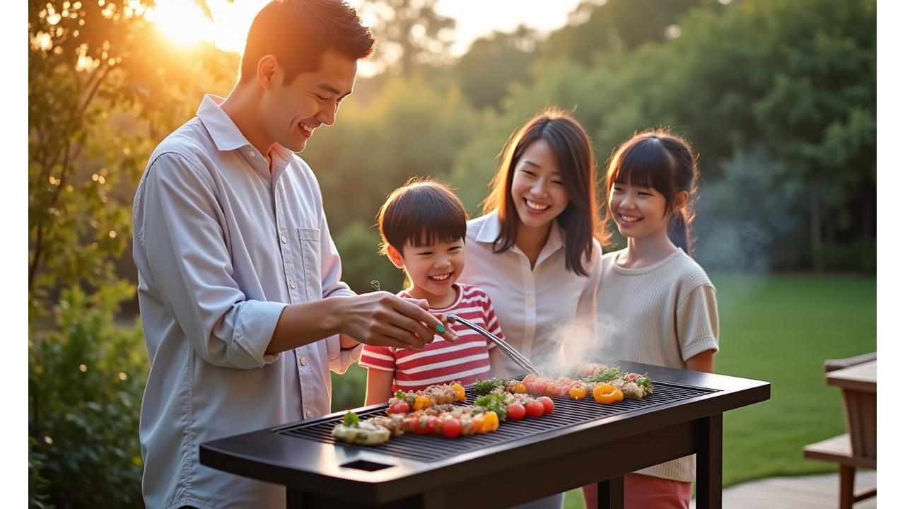 家族が庭で笑顔で炭火焼きグリルを囲む、温かい雰囲気のシーン