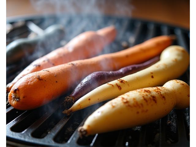 根菜やサツマイモを炭火でじっくり焼いている様子