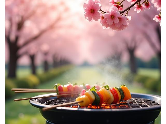 春の桜の下で、タケノコや山菜を炭火焼きにしている様子