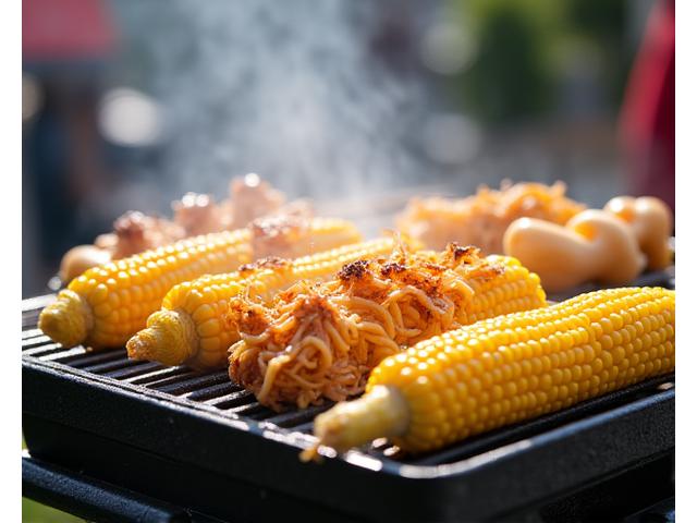 家族で夏の縁日をイメージした炭火焼き、焼きそばやとうもろこし