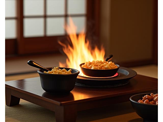 冬の寒い日に家族が暖炉の前で炭火焼きを楽しんでいる様子