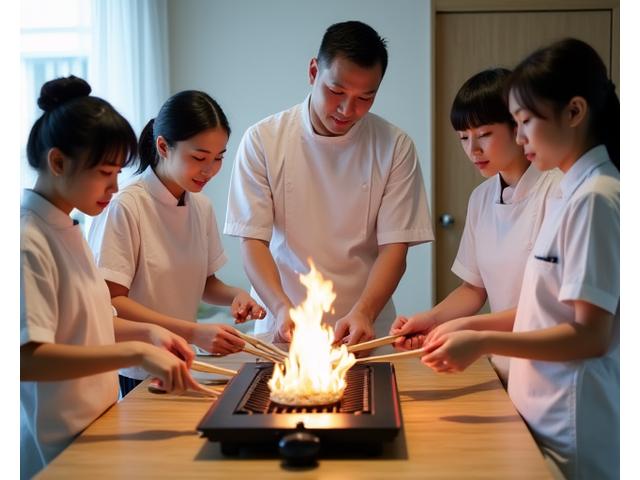 料理教室で生徒たちがコンログリルを使って料理を学ぶ風景