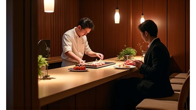 東京の高級和食店の落ち着いた内装と炭火焼カウンター