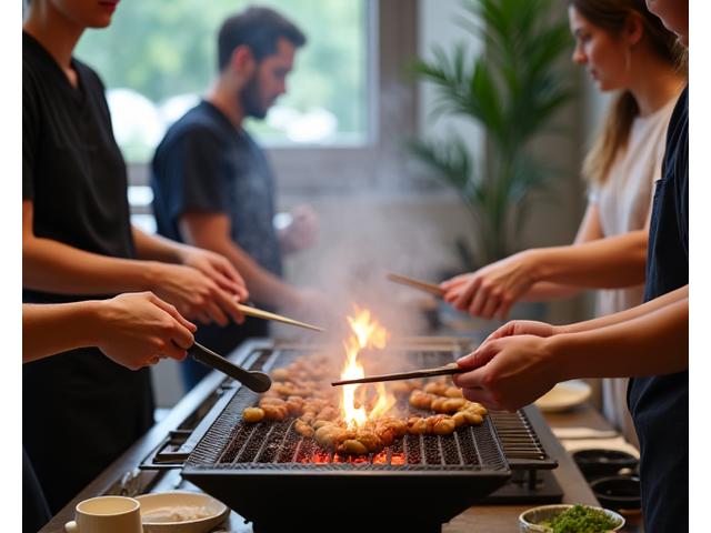 炭火焼きワークショップで参加者が実践する様子