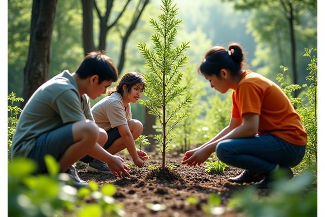日本の山林で、ボランティアが幼木を植える活動の様子
